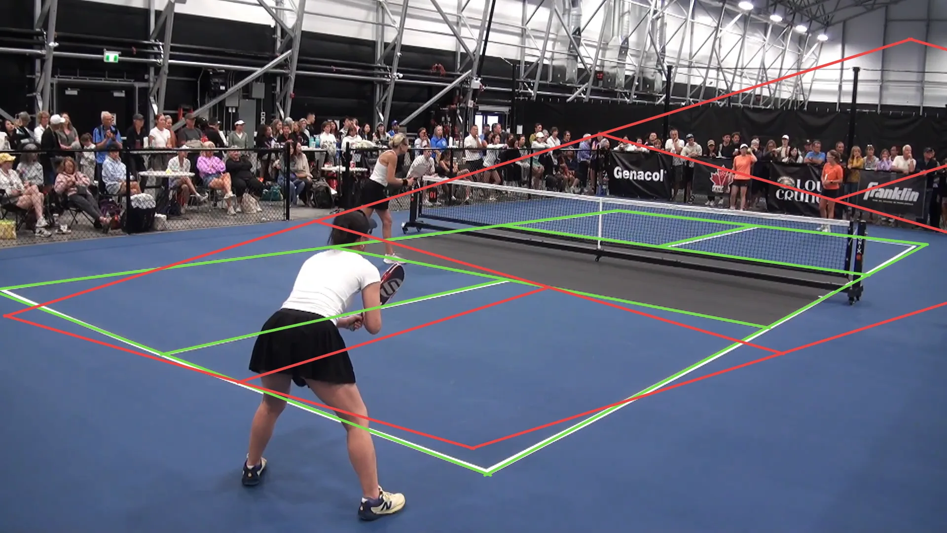The court's painted lines as the camera saw them in green, and in red the parallelogram the best 2×2 matrix produces, too narrow at the near end and too wide at the far end