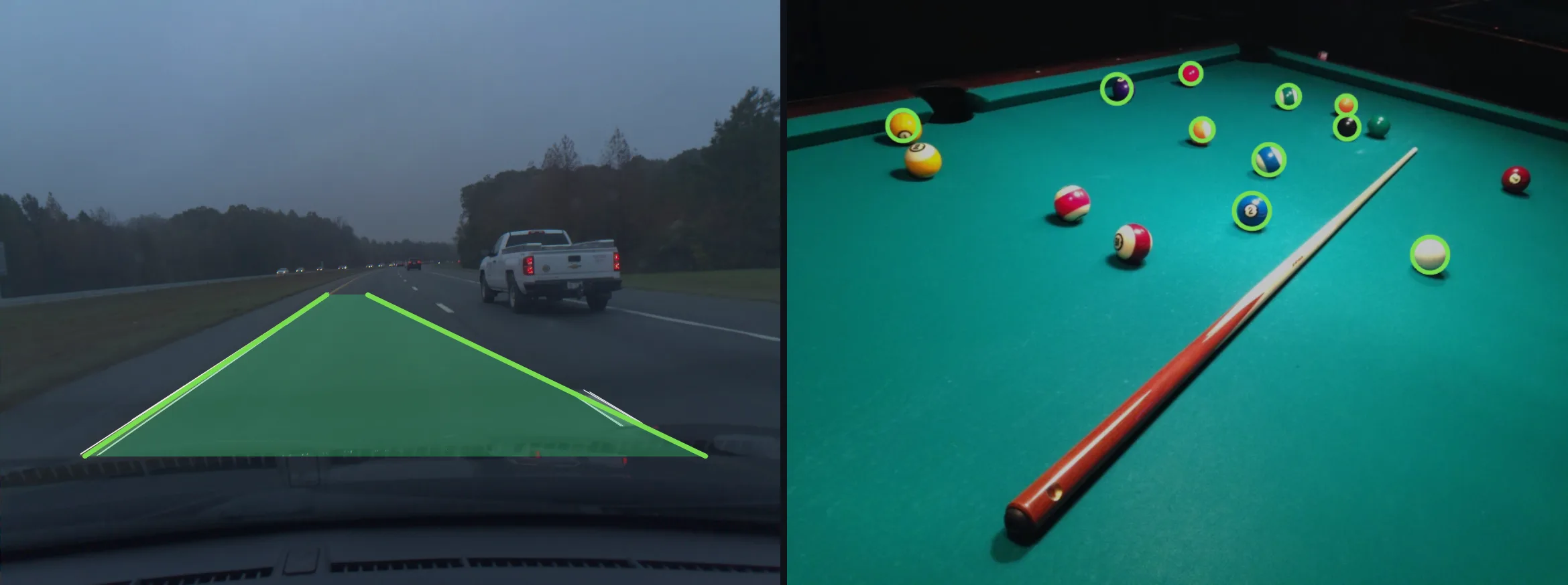 Left: a dashcam highway frame with the lane ahead filled in translucent green between two green boundary lines. Right: a pool table with green circles around most of the balls