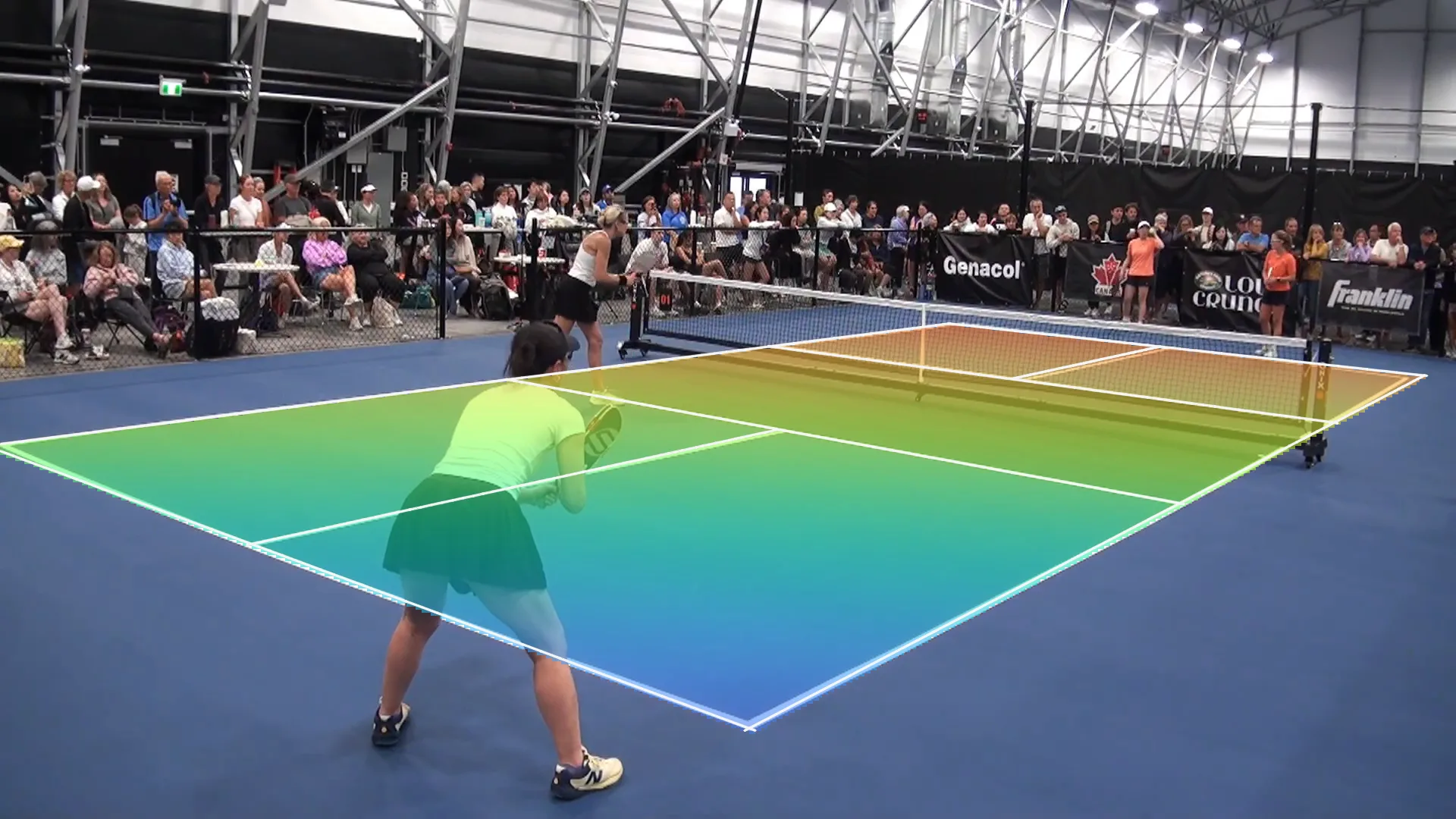 The court coloured from blue near the camera to orange at the far baseline, showing how many centimetres of court one pixel covers