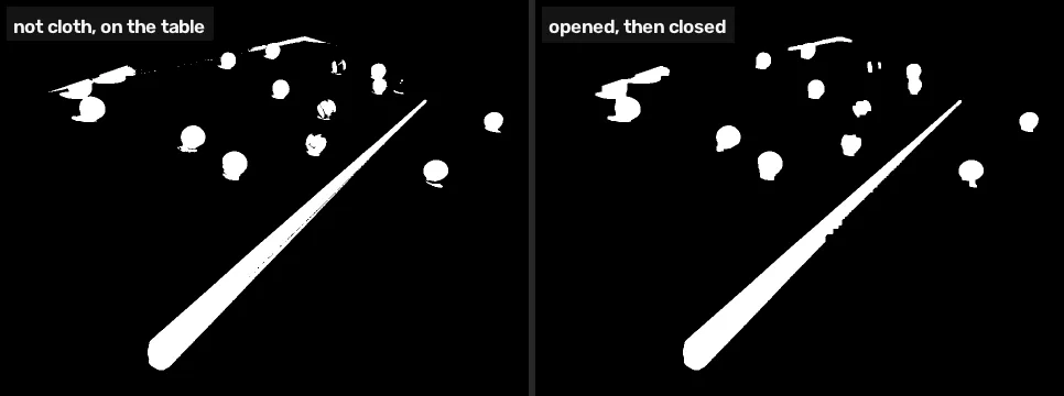 Two masks of the pool table side by side: on the left, white balls with ragged edges and scattered specks; on the right, the same balls as clean round blobs.