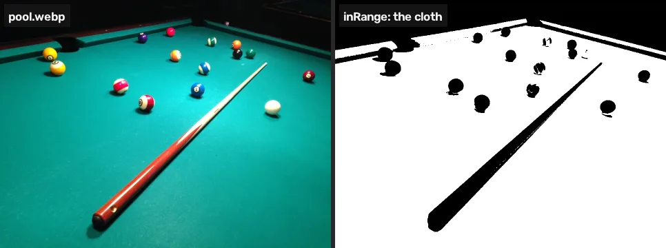 The pool photo beside its cloth mask: the cloth is white, the balls, cue, rails and room are black.