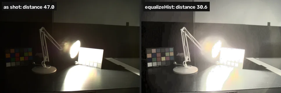 La foto oscura de la lámpara junto a una versión ecualizada, con la lámpara quemada y demasiado clara y la pared gris, con las distancias 47,0 y 30,6.