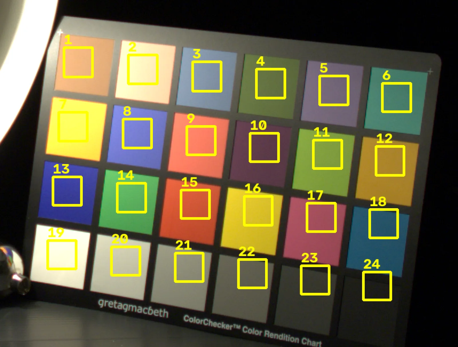 The lit ColorChecker with a yellow sampling box drawn inside each of its 24 patches, numbered