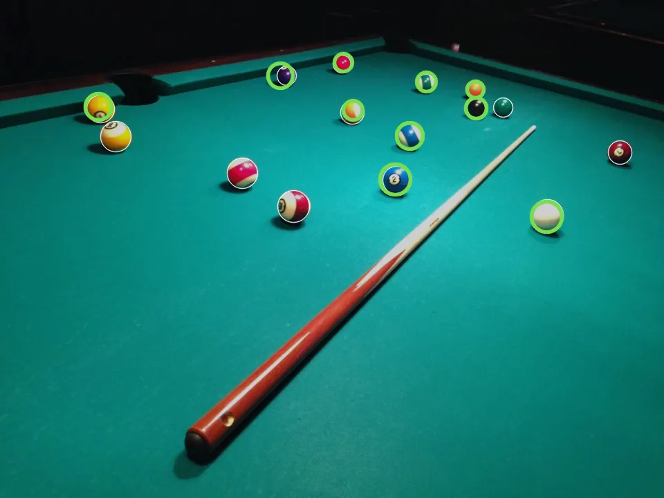 A pool table seen from one end with green circles on ten of the balls and thin white outlines alone on the five it missed
