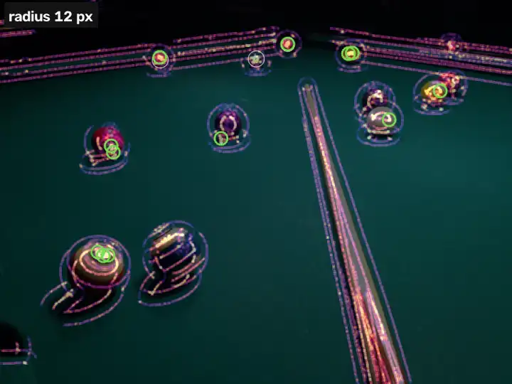 A pool table photo under a dark overlay. Bright spots appear at the centres of the balls as the radius label in the corner grows, and green circles are drawn around balls whose size matches the radius