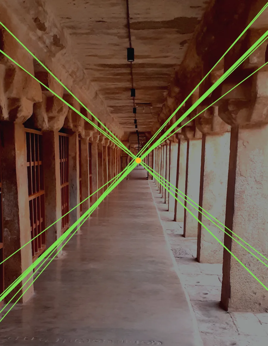 A cloister corridor in one-point perspective, dimmed, with twelve green lines along its receding edges meeting near an amber dot