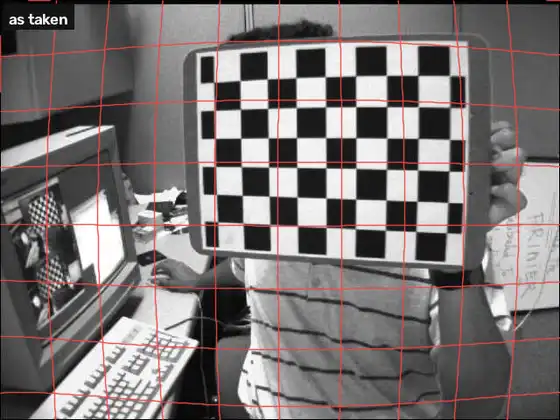 A person holding a chessboard, the photo morphing between the curved original and a straightened version in which the board's edges and the desk are straight
