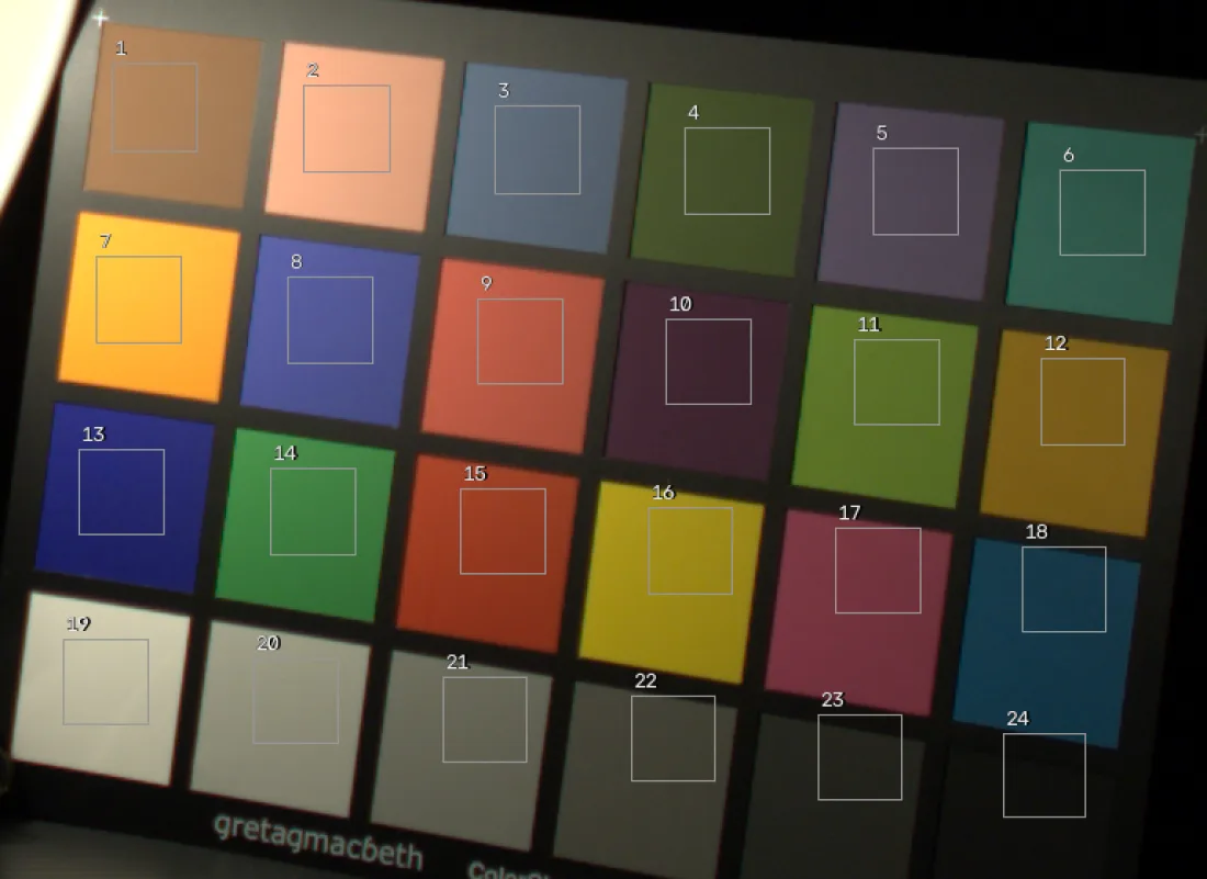 The lit ColorChecker from the scene, with all 24 patches outlined and numbered