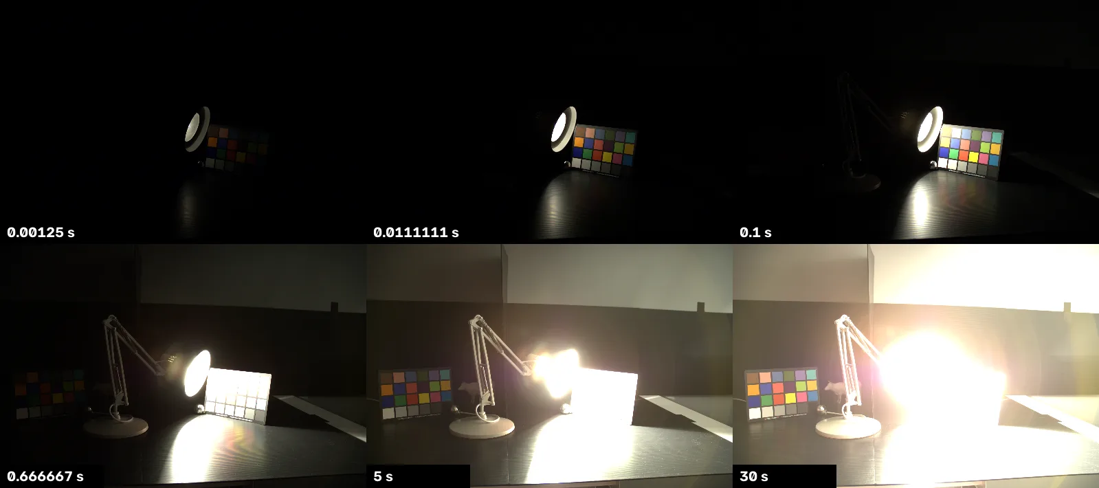 Six of the eighteen exposures of the same scene, developed identically, from a nearly black frame at 1/800 s to a mostly white one at 30 s