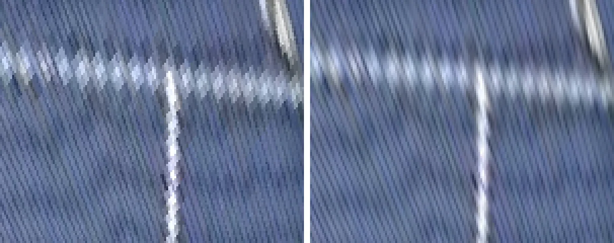 Two enlarged crops of the far court in the bird's-eye view: nearest neighbour on the left with blocky, stepped lines, bilinear on the right with smooth lines