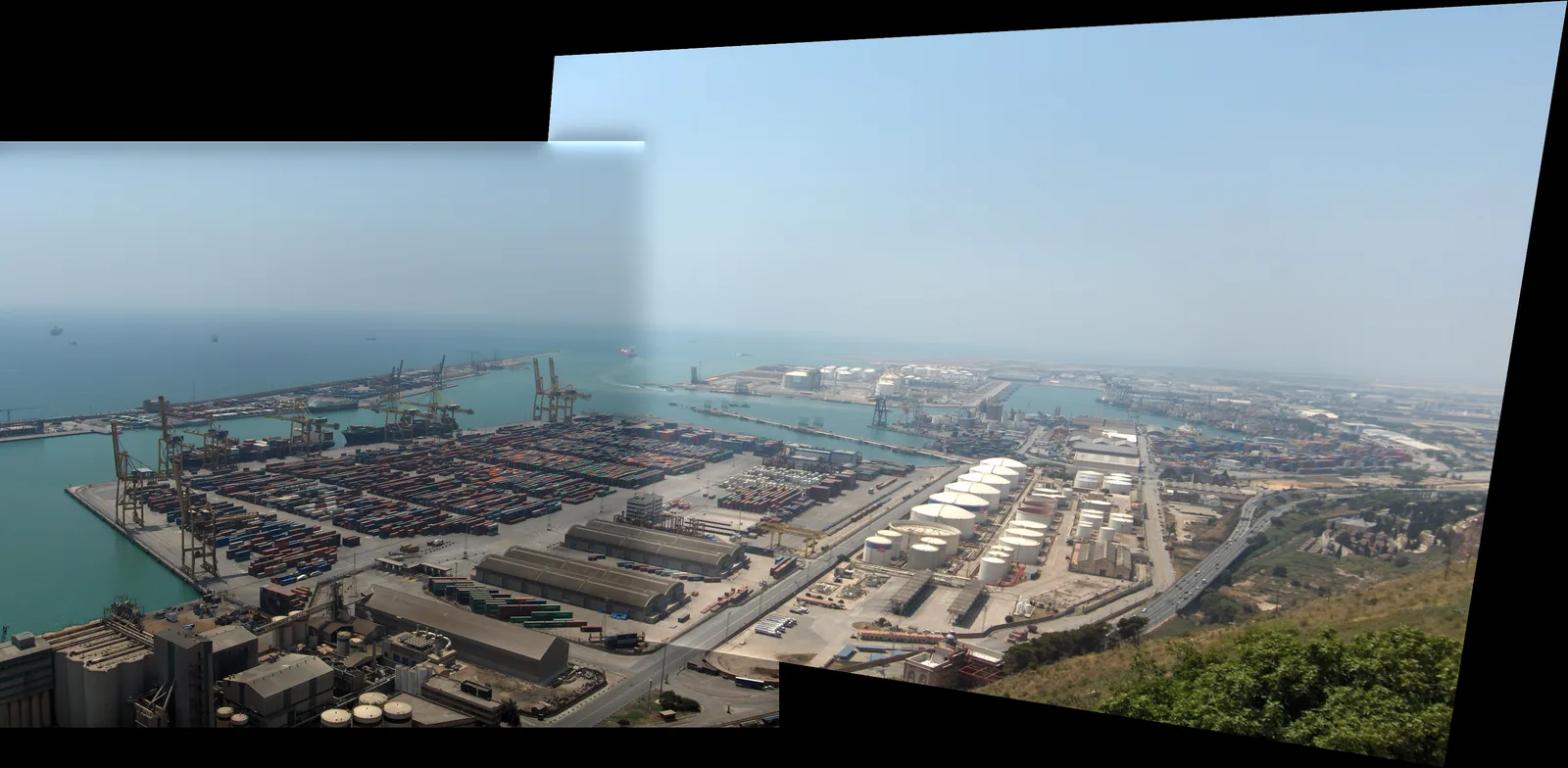 Two photographs of a container port stitched into one wide panorama, the second warped into the frame of the first