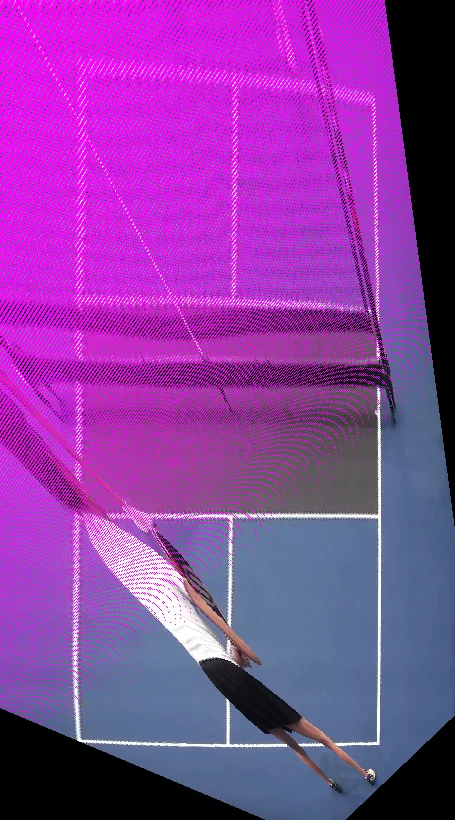 The bird's-eye view of the court filled by forward mapping, with most of the far half in magenta where no source pixel landed