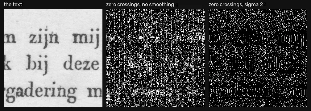 A crop of printed text, its zero-crossings with no smoothing which fill the paper with speckle, and its zero-crossings after smoothing which follow the letters