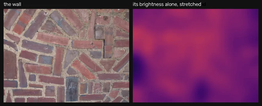 A brick wall, and beside it the same wall reduced to its slowly-varying brightness, stretched so that the corner falloff is visible