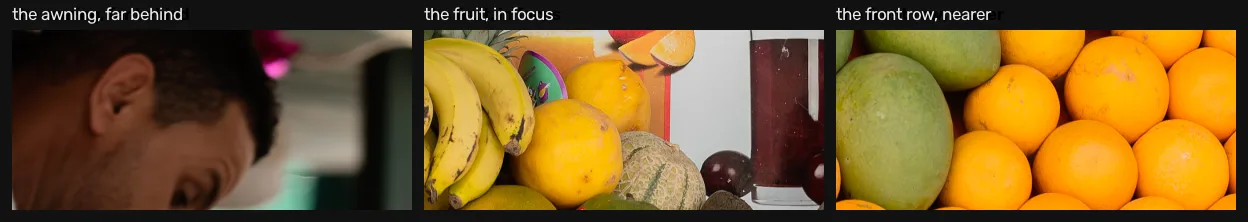 Three strips from the same photograph: a blurred awning far behind, sharp fruit in the middle, and a nearer row also softening