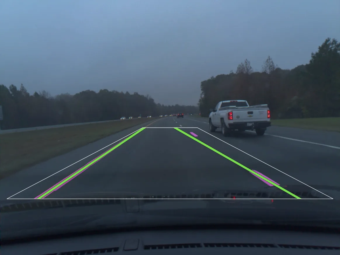The highway frame with a green line through each of the two painted lane markings, drawn across the road trapezoid; the line through the short dash on the right continues to the next dash ahead