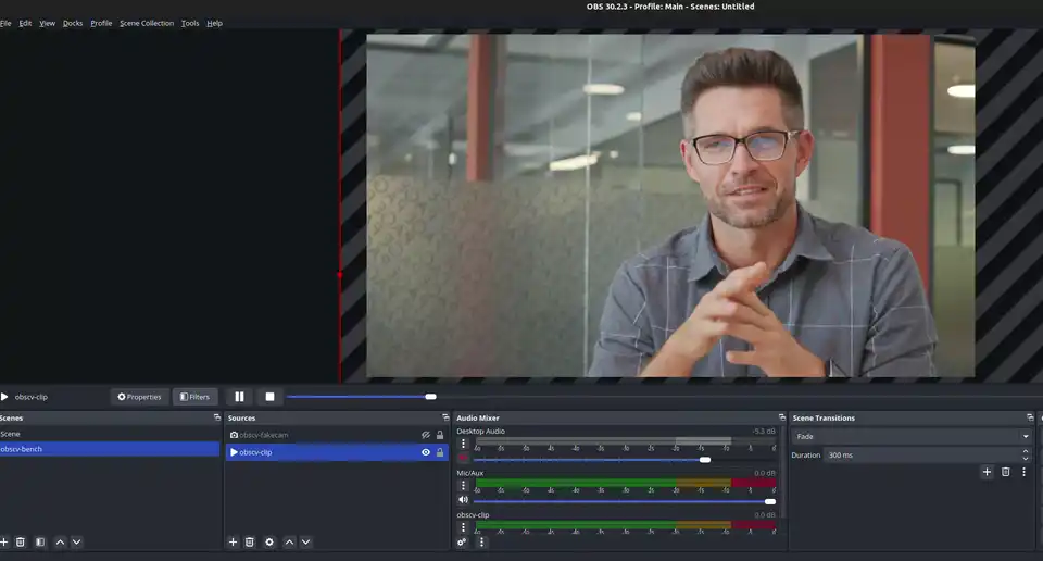 Adding the filter in OBS: the Filters dialog for the clip source, the plus button under Effect Filters, the filter name dialog, and the background turning green the moment the filter is added