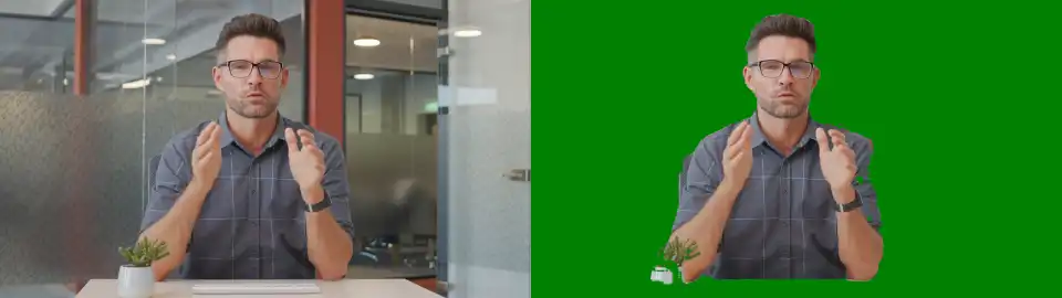 Five seconds of the Pexels clip, the original on the left and the filter's output on the right: the person kept, the glass office replaced by flat green, with the plant and the desk edge partly misclassified