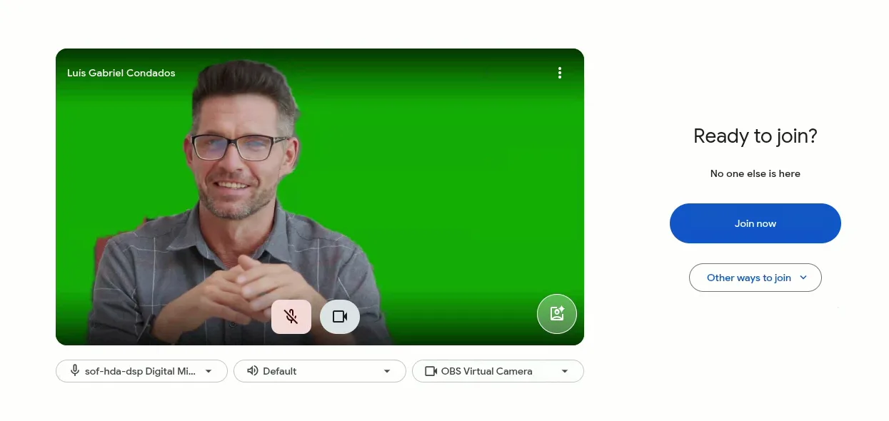 Google Meet's pre-join screen with OBS Virtual Camera selected in the camera picker and the preview showing the clip's subject over the filter's green background