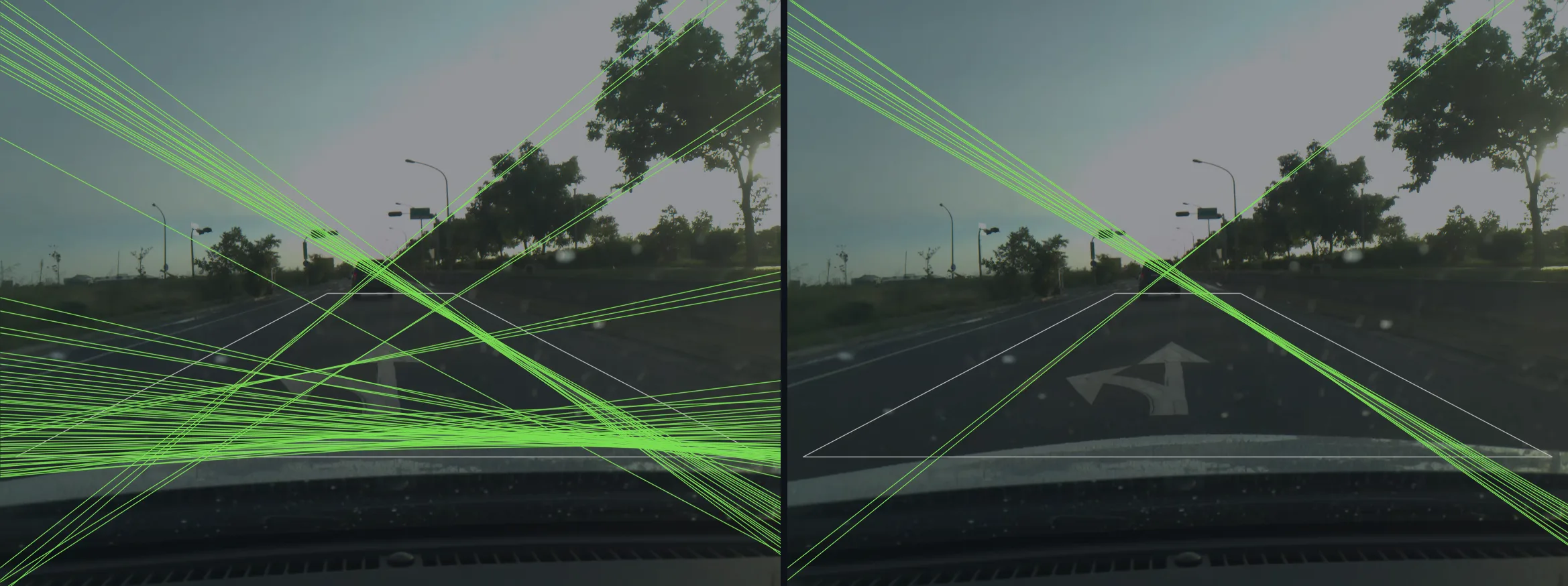 The same dashcam frame twice. Left: dozens of green lines, most of them nearly horizontal across the bottom of the road. Right: a few green lines along the lane markings only