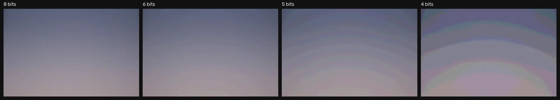 The same twilight sky at 8, 6, 5 and 4 bits, with visible contour bands appearing as the levels are removed