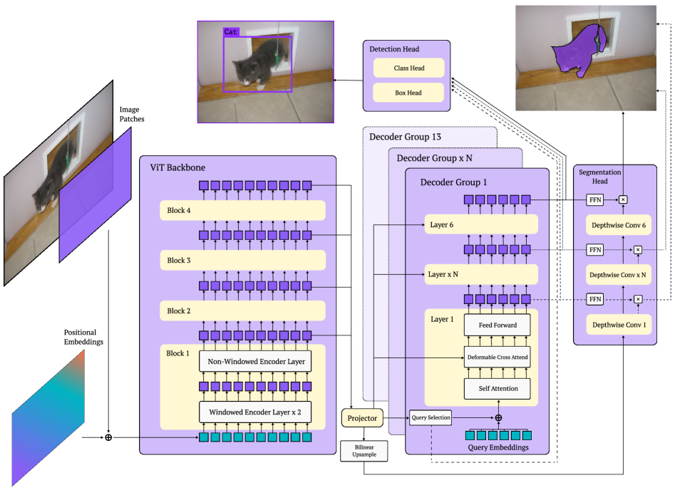 RF-DETR Architecture — ViT backbone extracts multi-scale features, passed through a projector to deformable cross-attention decoder groups with query embeddings. Source: Robinson et al., 2025.