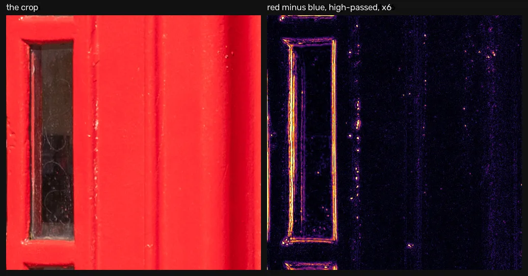 A crop of a photograph beside a heat map of its red-minus-blue difference, which lights up only along edges