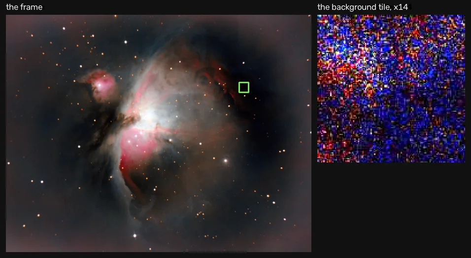 The Orion Nebula frame with the measured background tile marked, and that tile magnified and brightened so its noise is visible