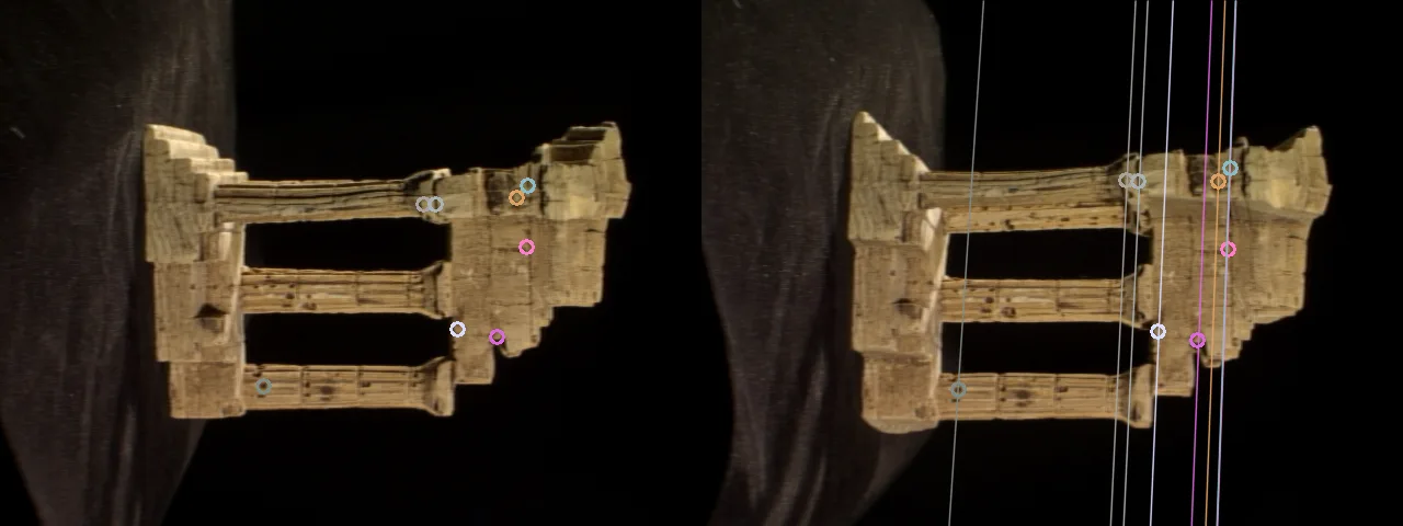 Epipolar lines on a real temple pair: each circled keypoint in the left image produces a colored line in the right image that passes through its matching keypoint.