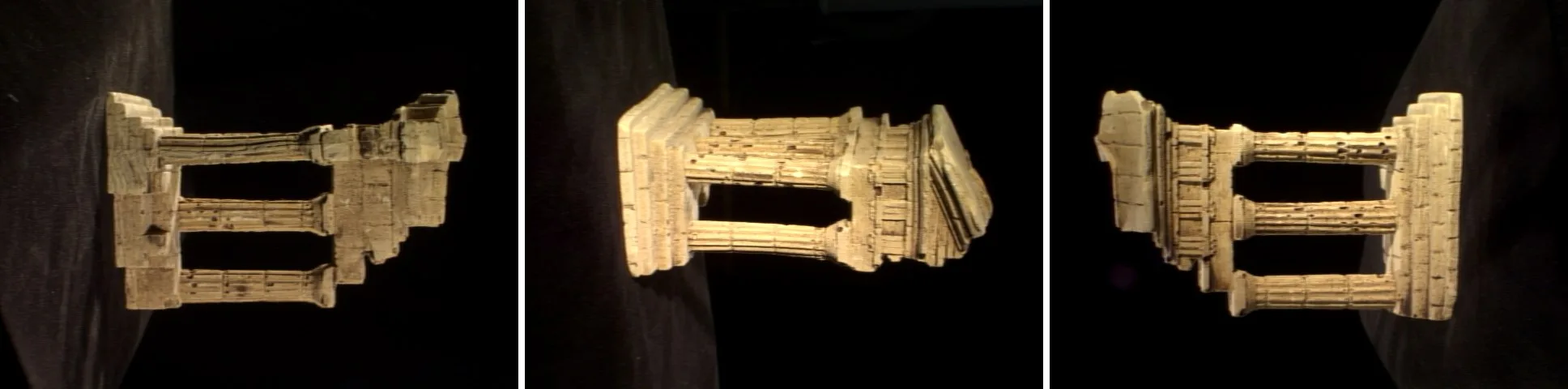 Three of the 47 input photographs of the plaster temple, seen from different points on the ring.