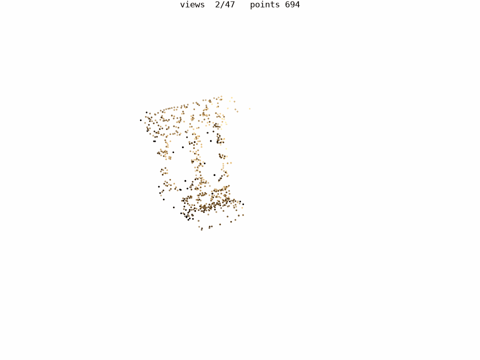 Close-up of the temple point cloud growing from 694 seed points to 7,036 as each of the 47 photographs is registered.