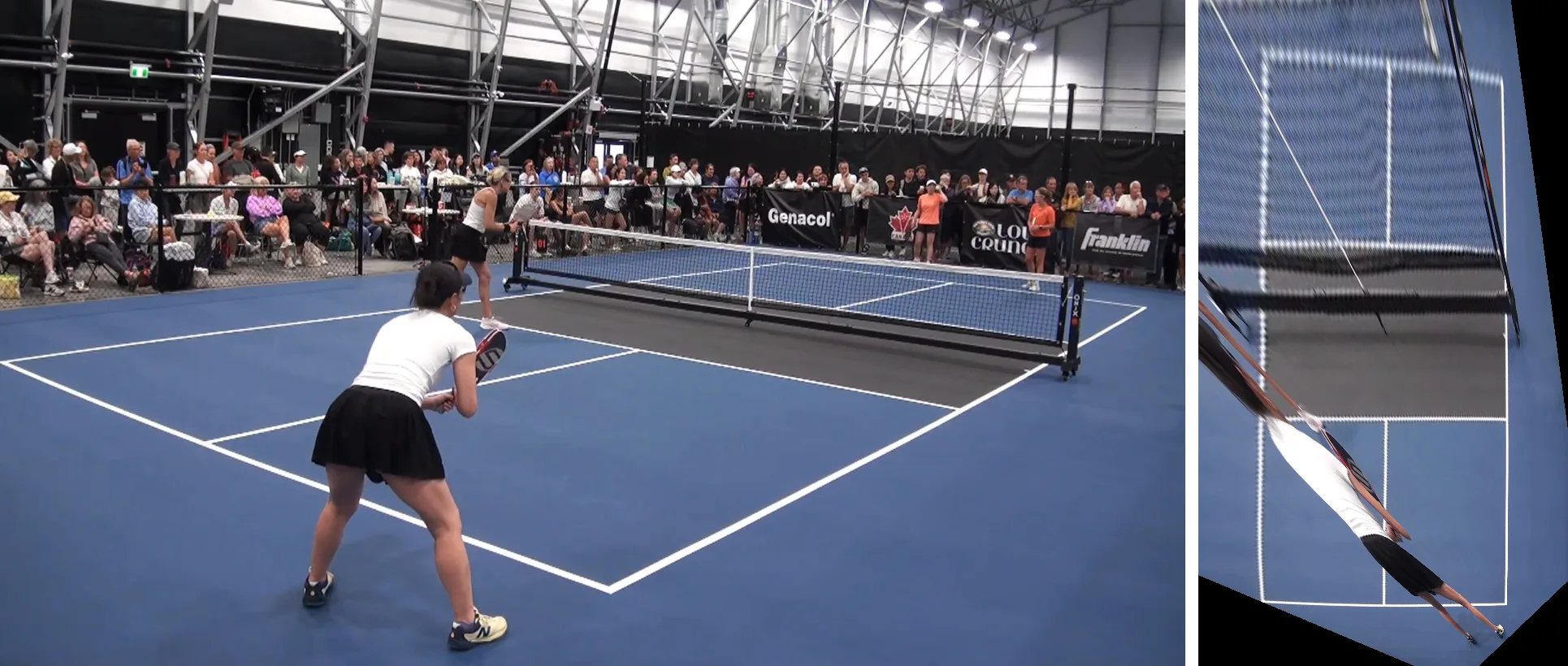 Left: the pickleball court seen from behind one corner, with a player in the foreground. Right: the same court resampled to a rectangle seen from directly above