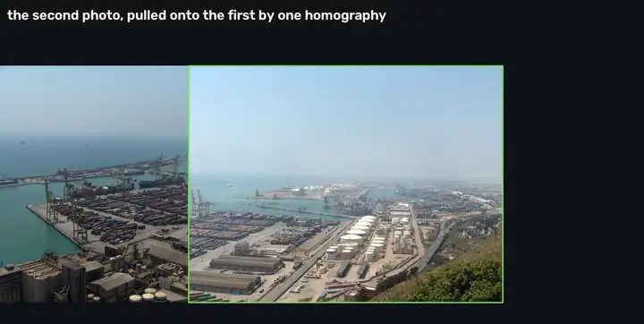 Two photographs of Barcelona harbour: the second is pulled onto the first by a homography, then the seam between them is blended away